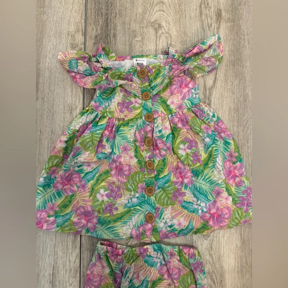 Tropical Floral Kids Dress Set - Pink and Green